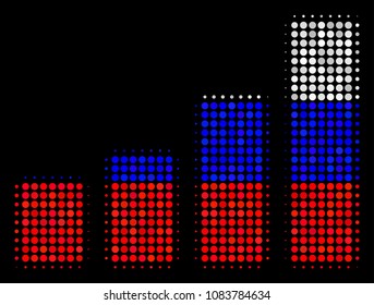 Halftone Bar Chart pictogram colored in Russian official flag colors on a dark background. Vector mosaic of bar chart icon combined of spheric pixels.