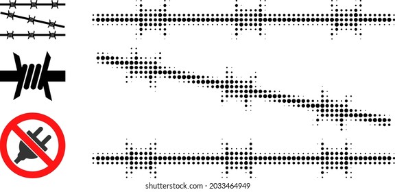 Halftone barbed wire fence. Dotted barbed wire fence designed with small circle dots. Vector illustration of barbed wire fence icon on a white background. Halftone pattern contains circle pixels.