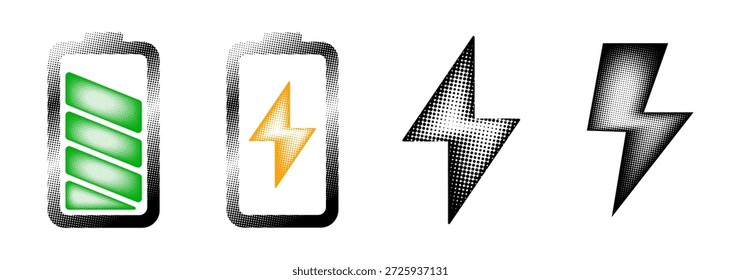 Imagen de carga de la batería de semitono y Estado de encendido del relámpago. Energía y diseño de iconos vectoriales de tecnología. Fondo transparente
