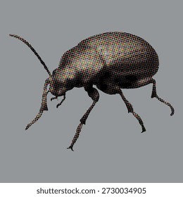 Ilustración de escarabajo de semitonos: patrón de puntos CMYK sobre fondo gris para arte Pop, cultura de impresión, fusión de Naturaleza y decoración moderna