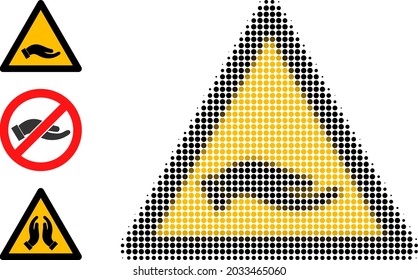 Halftone beggar hand warning. Dotted beggar hand warning made with small round dots. Vector illustration of beggar hand warning icon on a white background. Halftone pattern contains round dots.