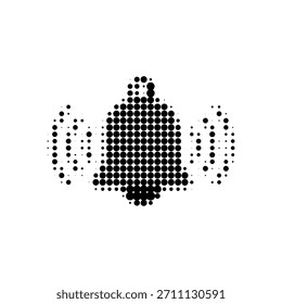 Halftone bell icon with ringing lines in black dots on white background, minimal digital notification symbol in retro pop art style.