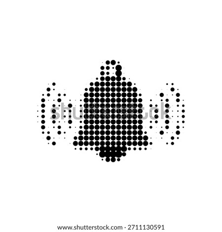 Halftone bell icon with ringing lines in black dots on white background, minimal digital notification symbol in retro pop art style.