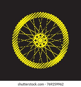 Halftone bicycle wheel icon design on a black background