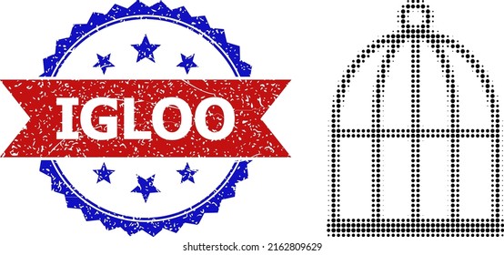 Halftone Bird Cell Icon, And Bicolor Rubber Igloo Seal. Halftone Bird Cell Icon Is Made With Small Round Points. Vector Seal With Retro Bicolored Style, Igloo Text Inside Red Ribbon And Blue Rosette.