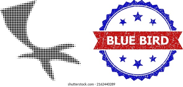 Halftone bird foot icon, and bicolor grunge Blue Bird seal. Halftone bird foot icon is made with small spheric elements. Vector seal with grunge bicolored style,