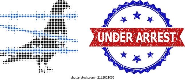 Halftone bird jail icon, and bicolor scratched Under Arrest watermark. Halftone bird jail icon is made with small spheric dots. Vector watermark with grunge bicolored style,