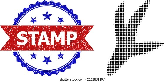 Halftone bird step icon, and bicolor textured Stamp seal. Halftone bird step icon is constructed with small circle points. Vector seal with scratched bicolored style,