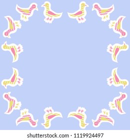 Halftone  birds pattern, dashed lines, tags. Hand drawn.