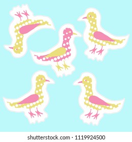 Halftone  birds pattern, dashed lines, tags. Hand drawn.