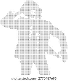 A halftone bitmap dog portrait rendered in monochrome dotted retro style featuring pixelated pet illustration with graphic dithered art technique depicting a canid animal silhouette in black and white pattern