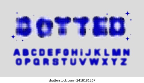 Halftone bitmap font. Blurred alphabet with dots. Vector 