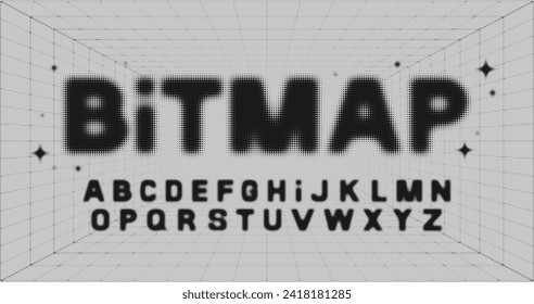 Halftone bitmap font. Blurred alphabet with dots. Vector 