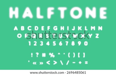 Halftone bitmap font. Blurred alphabet with dots. Vintage Halftone Display Font alphabet collection, vector. Retro 70s and 80s halftone dots in black and white alphabets. Halftone alphabet, number
