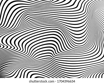 Halftone Bitmap Lines Retro Background Black And White. Optical Art Wavy Background. Abstract Waves Black And White Line Stripes.black And White Wave Stripe Optical Abstract Design.