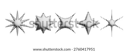 Halftone bitmap stars set. Pixelated comic burst and sparkle for poster, banner, flyer, collage, sticker. 3d dotted grain star shape collection. 8 bit grunge element bundle. Vector graphic design pack