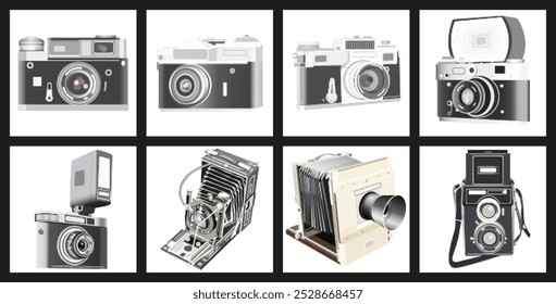 Halftone bitmap textured illustrations of retro, vintage, old style photo cameras. Vector set