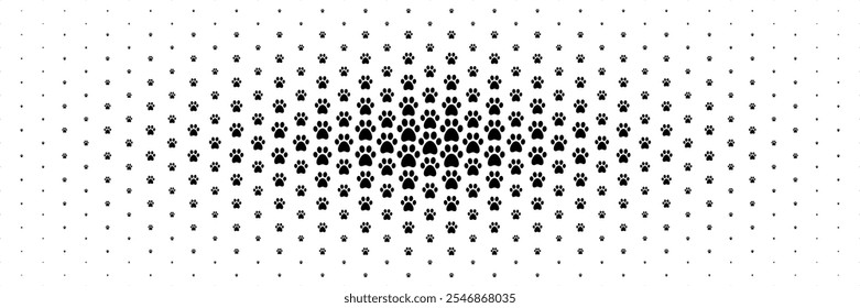 halftone of black animal paw footprint spread from center for background.