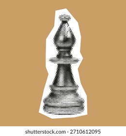Halftone black bishop chess piece on white cutout, set against tan background. Vintage graphic style with bold contrast and texture.