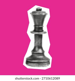 Reina de ajedrez negra de semitono en rosa vivo con contorno blanco. Estilo pop art audaz, que simboliza la estrategia y la elegancia.