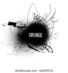 Halftone black circle with grunge splashes. Abstract grunge center design background. Vector grunge splashes