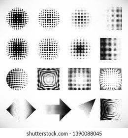 Halftone black dots backgrounds and arrows set. Black Vector design geometric dotted elements for web, sites, design, print, mobile apps