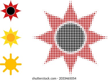Halftone schwarze Sonne. Schwarze gepunktete Sonne, die mit kleinen Rundpunkten gebaut ist. Vektorgrafik von schwarzer Sonne Symbol auf weißem Hintergrund. Halftone Muster enthält Kreispunkte.