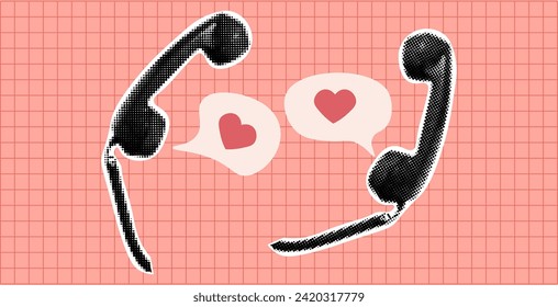 Halftone black telephone receivers on cable.Trendy collage, retro modern design. Vector illustration