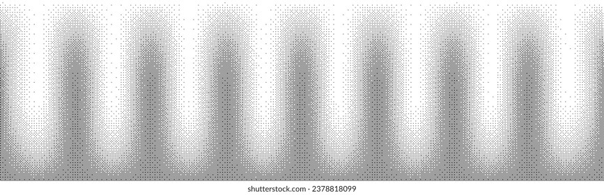 Olas negras de semitono sobre un fondo blanco con textura de píxel y vaciado. Fondo vectorial monocromo en forma de onda sinusoide con un patrón de cuadrados.