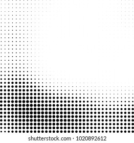 Halftone black and white abstract grunge background. Monochrome pattern with spots of ink. Texture of chaotic elements for printing and design