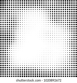 Halftone black and white abstract grunge background. Monochrome pattern with spots of ink. Texture of chaotic elements for printing and design