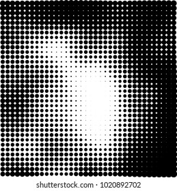 Halftone black and white abstract grunge background. Monochrome pattern with spots of ink. Texture of chaotic elements for printing and design