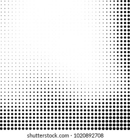 Halftone black and white abstract grunge background. Monochrome pattern with spots of ink. Texture of chaotic elements for printing and design