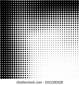 Halftone black and white abstract grunge background. Monochrome pattern with spots of ink. Texture of chaotic elements for printing and design