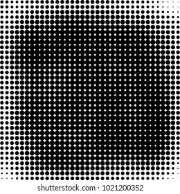 Halftone black and white abstract grunge background. Monochrome pattern with spots of ink. Texture of chaotic elements for printing and design