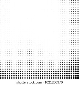 Halftone black and white abstract grunge background. Monochrome pattern with spots of ink. Texture of chaotic elements for printing and design