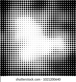 Halftone black and white abstract grunge background. Monochrome pattern with spots of ink. Texture of chaotic elements for printing and design