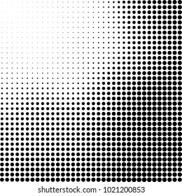 Halftone black and white abstract grunge background. Monochrome pattern with spots of ink. Texture of chaotic elements for printing and design