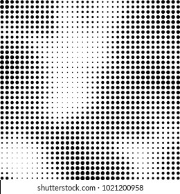 Halftone black and white abstract grunge background. Monochrome pattern with spots of ink. Texture of chaotic elements for printing and design