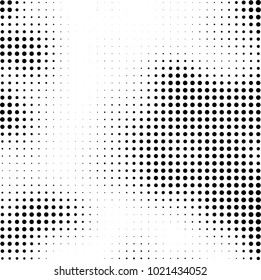Halftone black and white abstract grunge background. Monochrome pattern with spots of ink. Texture of chaotic elements for printing and design