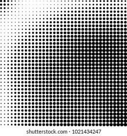 Halftone black and white abstract grunge background. Monochrome pattern with spots of ink. Texture of chaotic elements for printing and design