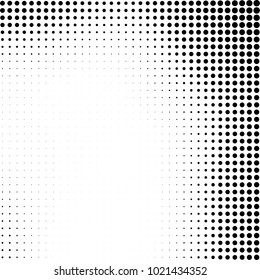 Halftone black and white abstract grunge background. Monochrome pattern with spots of ink. Texture of chaotic elements for printing and design