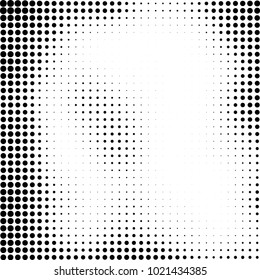 Halftone black and white abstract grunge background. Monochrome pattern with spots of ink. Texture of chaotic elements for printing and design