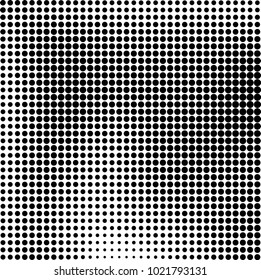 Halftone black and white abstract grunge background. Monochrome pattern with spots of ink. Texture of chaotic elements for printing and design