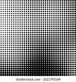 Halftone black and white abstract grunge background. Monochrome pattern with spots of ink. Texture of chaotic elements for printing and design