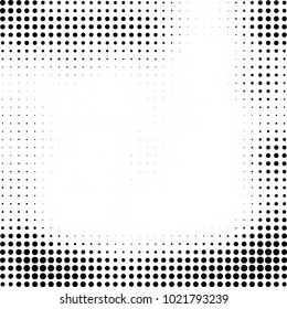 Halftone black and white abstract grunge background. Monochrome pattern with spots of ink. Texture of chaotic elements for printing and design