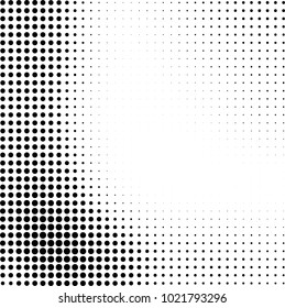 Halftone black and white abstract grunge background. Monochrome pattern with spots of ink. Texture of chaotic elements for printing and design