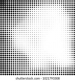 Halftone black and white abstract grunge background. Monochrome pattern with spots of ink. Texture of chaotic elements for printing and design