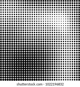 Halftone black and white abstract grunge background. Monochrome pattern with spots of ink. Texture of chaotic elements for printing and design