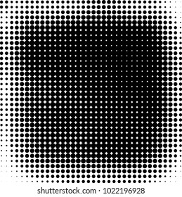 Halftone black and white abstract grunge background. Monochrome pattern with spots of ink. Texture of chaotic elements for printing and design
